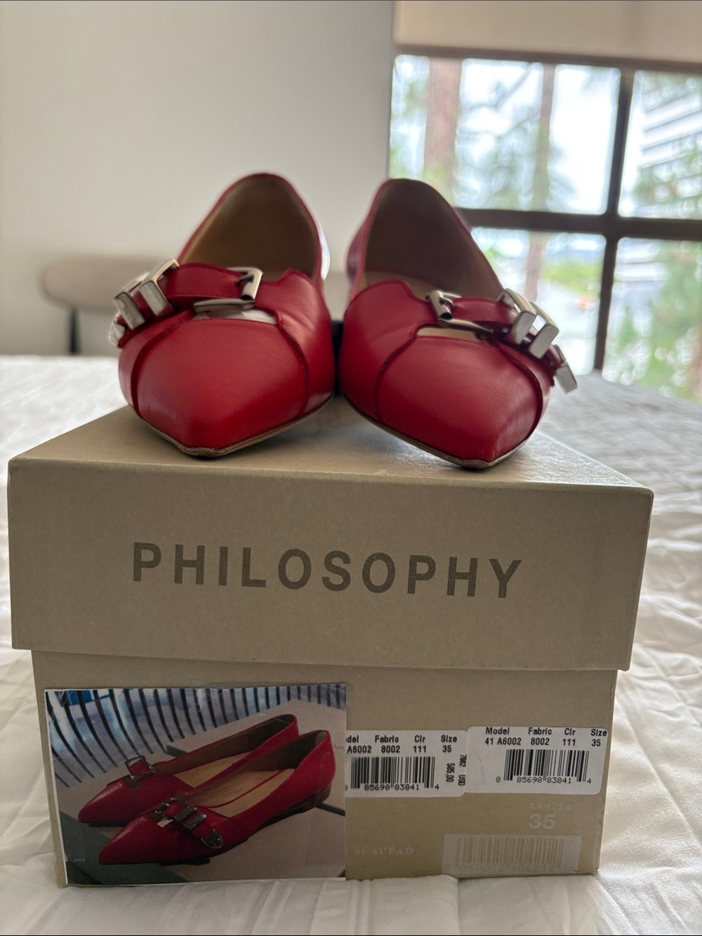 Philosophy Red Pointed Toe Flats with Silver Buckle